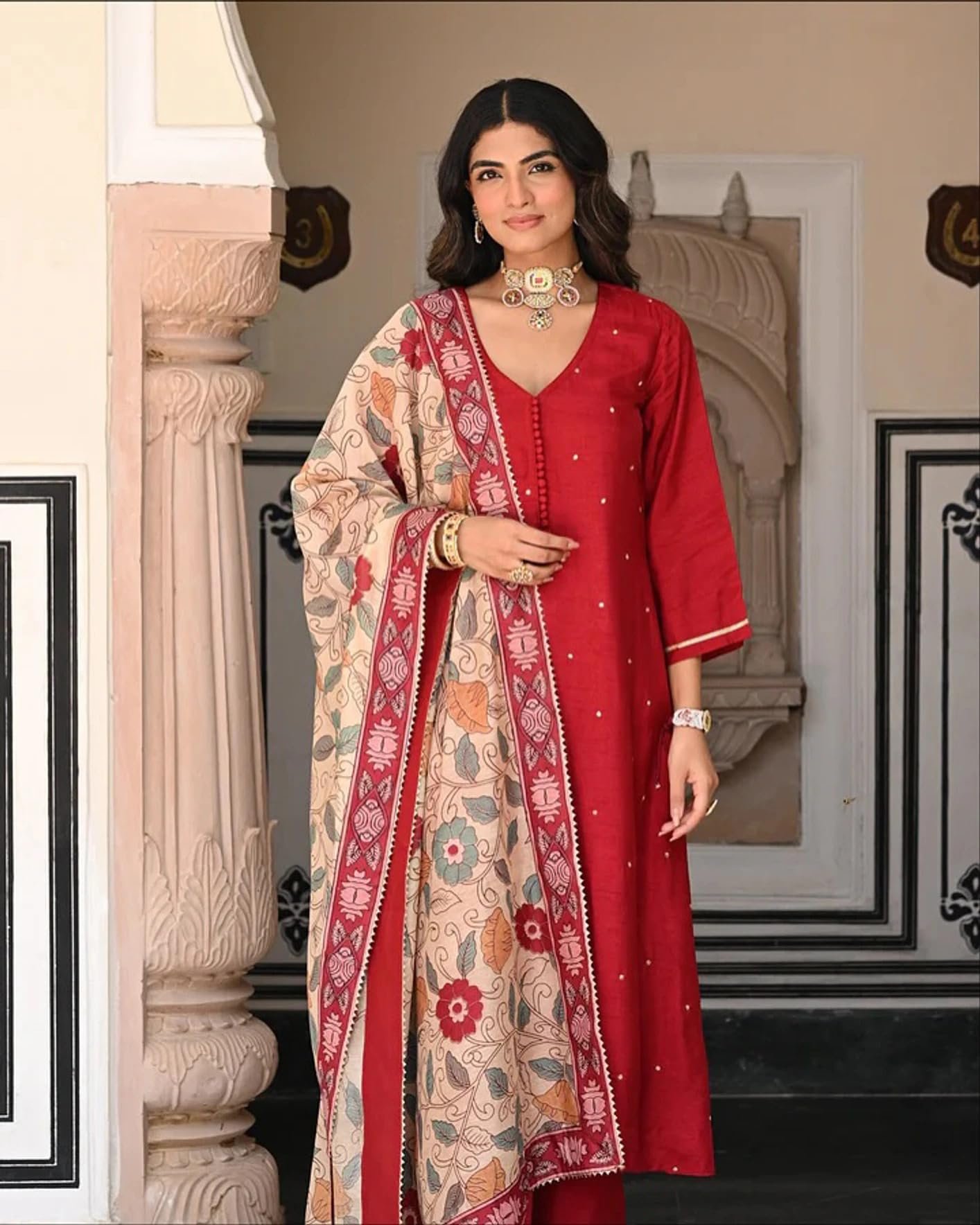 UNDERLINE Women's Kurta Set | Red Floral Printed Kurta Pant Dupatta Set | 3 Piece Ethnic Wear Set for Women | Red | 3XL - Image 2