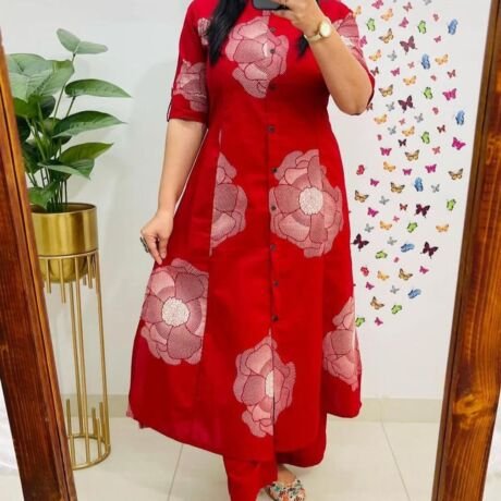 Women's Floral Print A-Line Kurti kurta sets for woman (Red, 2XL)
