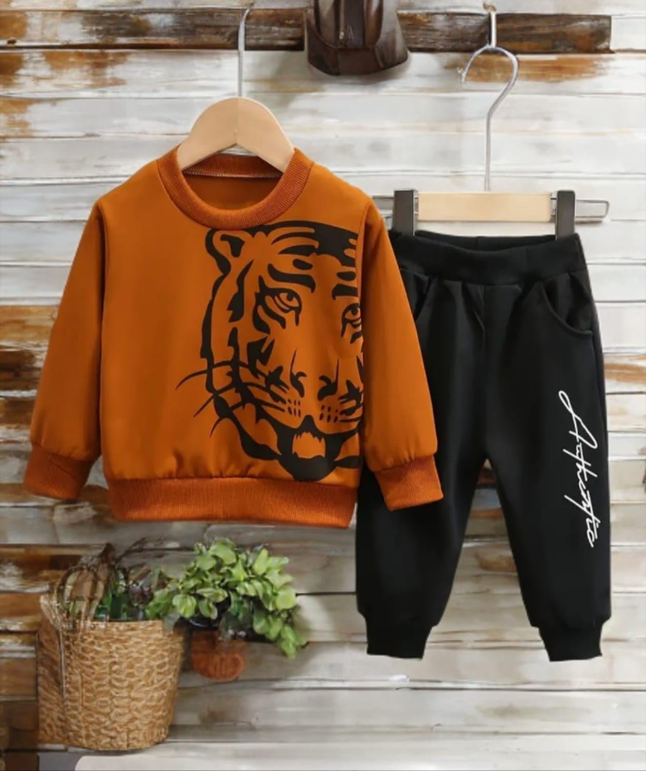 Indhrani Textiles Kids Clothes for Boys | Tiger Print Sweatshirt & Black Jogger Pant Set | Cotton Stylish Toddler Boys Clothes for Casual Wear, Orange 5-6 year - Image 2