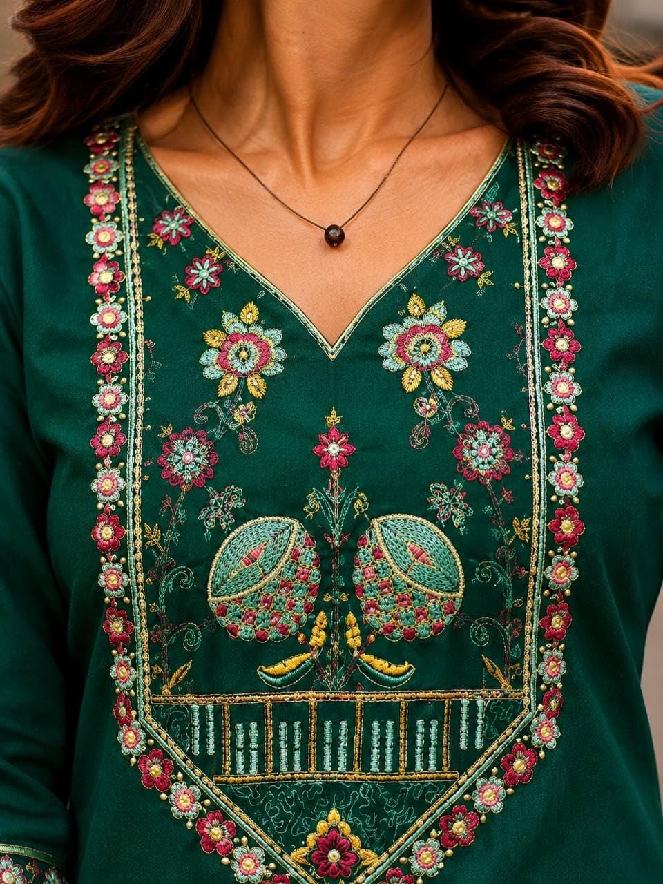 Women's Cotton V-Neck Kurta Set, 3/4 Sleeve Embroidered Festive and Occasion Straight Kurti with Matching Palazzo Pants Green 3XL - Image 6