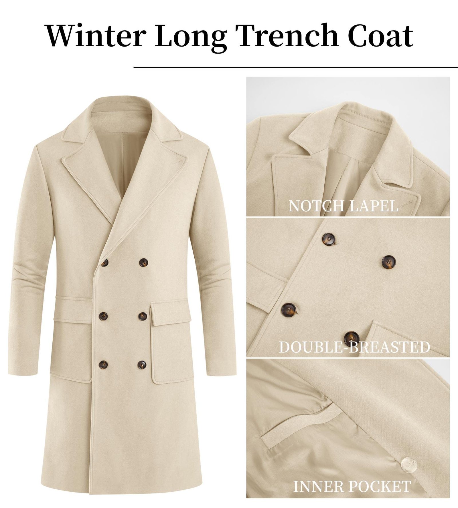 Mens Trench Coat Slim Fit Double Breasted Long Overcoat Winter Pea Coat, Khaki, X-Large - Image 5
