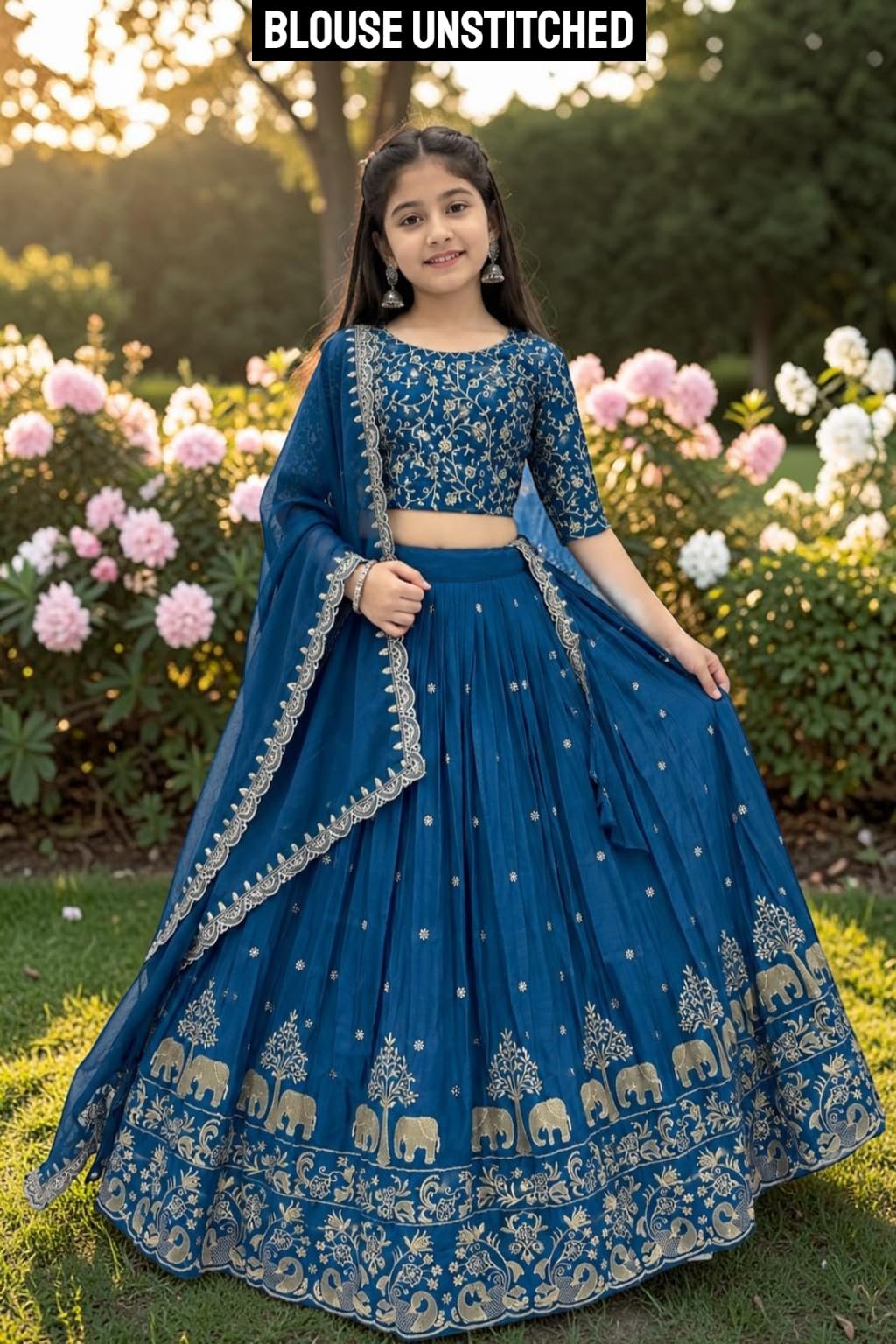 Kids Lehenga Choli with Gold Print and Dupatta (RAMA, 10-11 Y) - Image 2