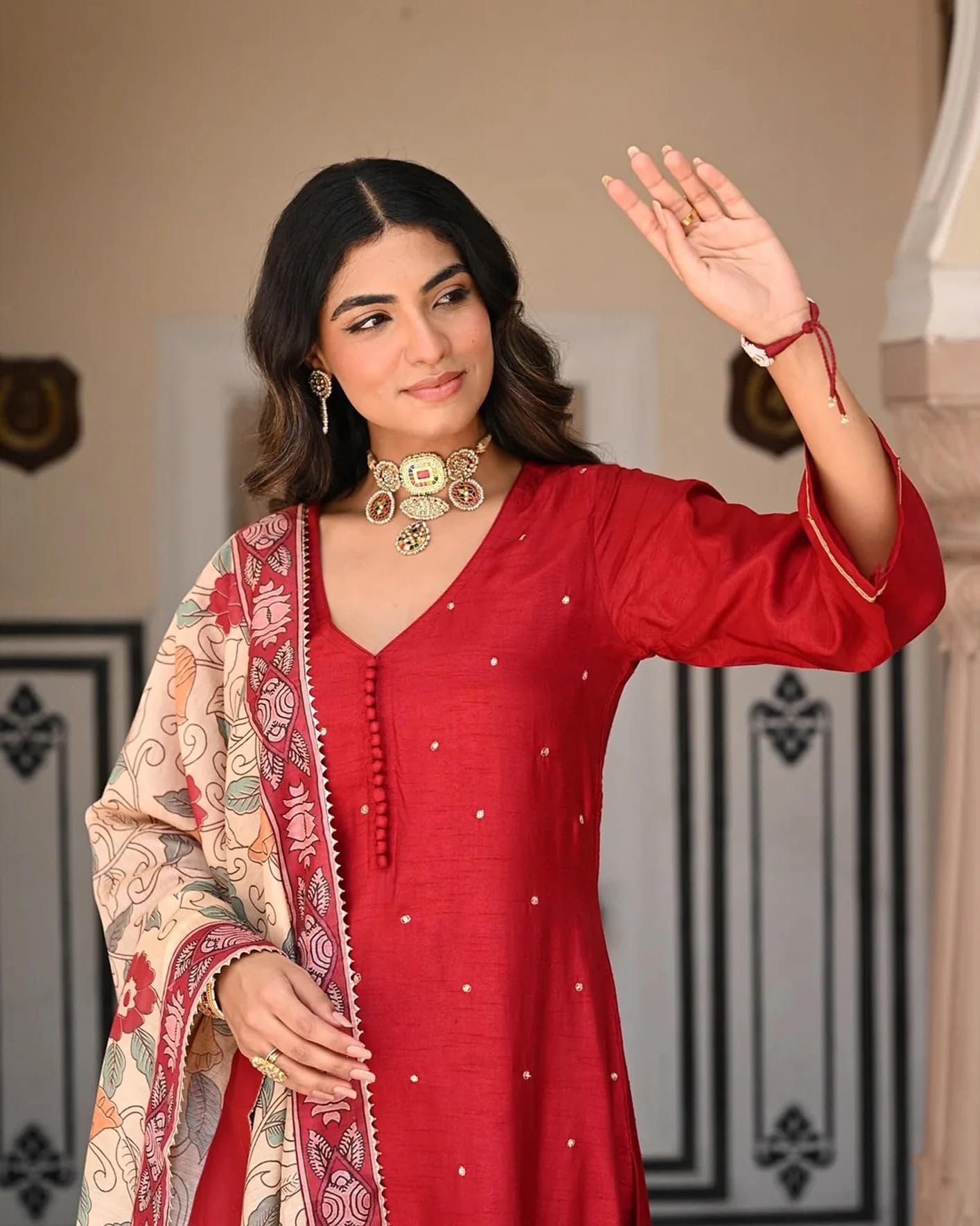UNDERLINE Women's Kurta Set | Red Floral Printed Kurta Pant Dupatta Set | 3 Piece Ethnic Wear Set for Women | Red | 3XL - Image 4
