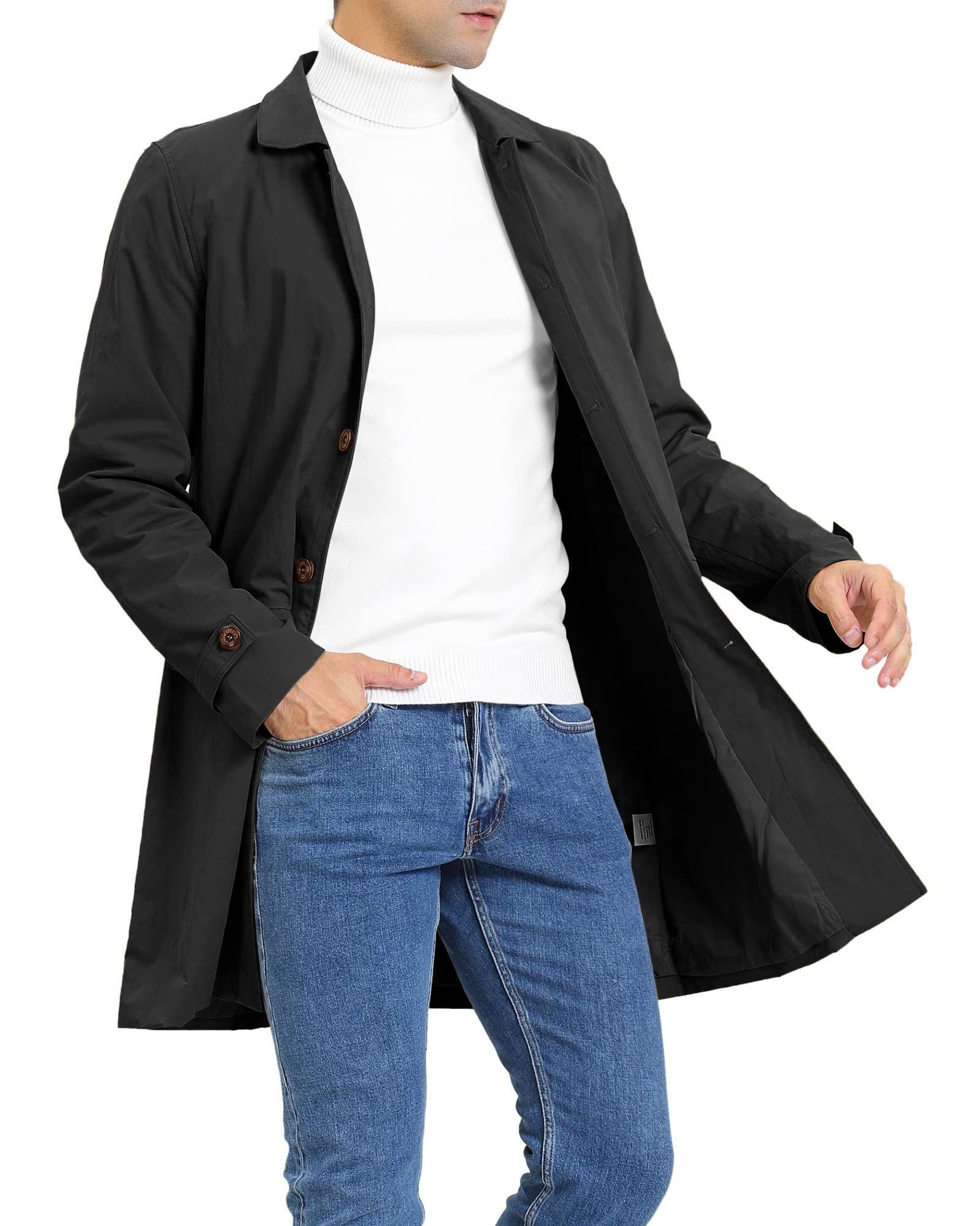 Mens Trench Coat Slim Fit Single Breasted Casual Long Jacket Lightweight Lapel Fall Windbreaker Overcoat, Black, X-Large - Image 2