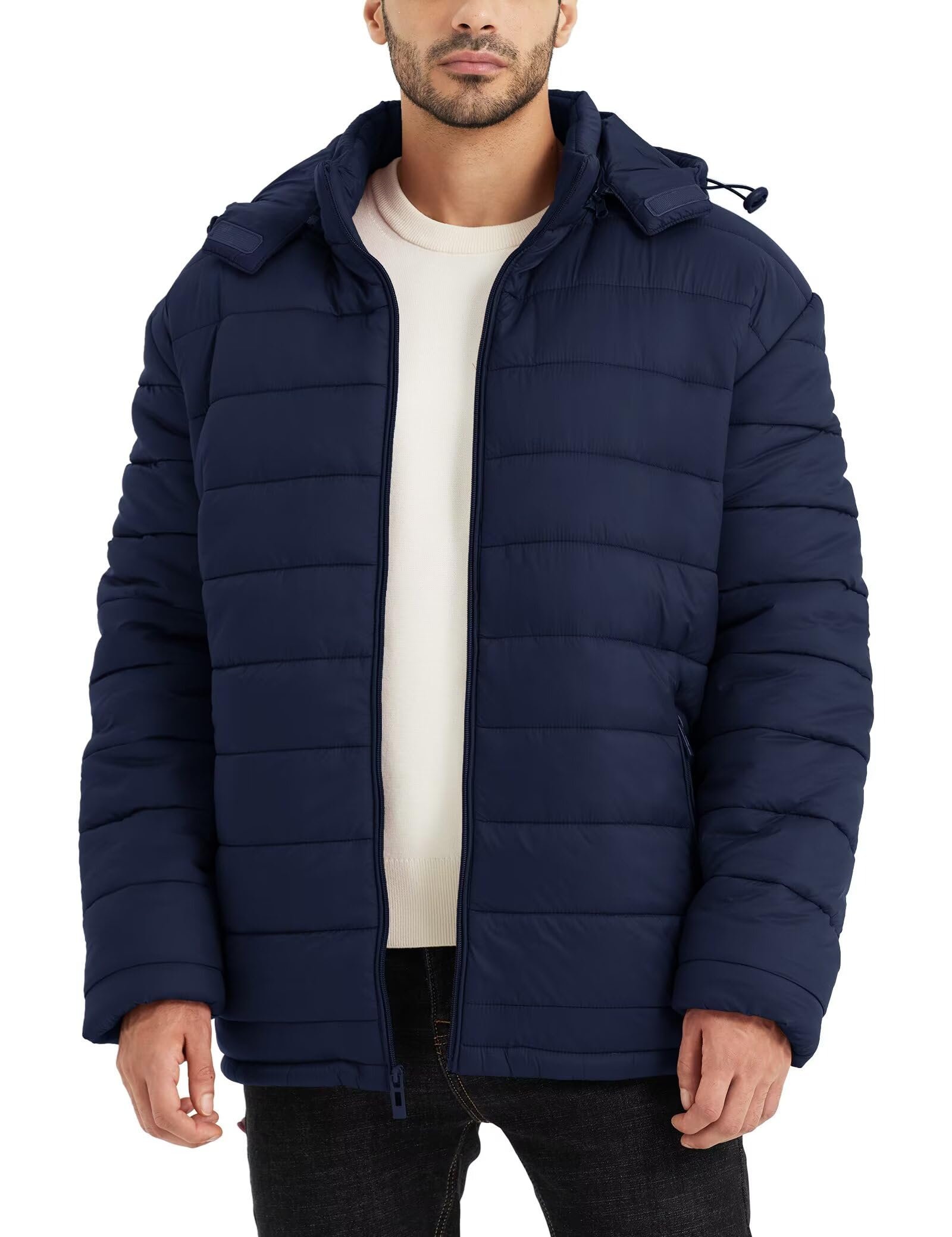 Men's Winter Puffer Jacket Hooded Fleece Warm Outerwear, Inkling Blue, XX-Large