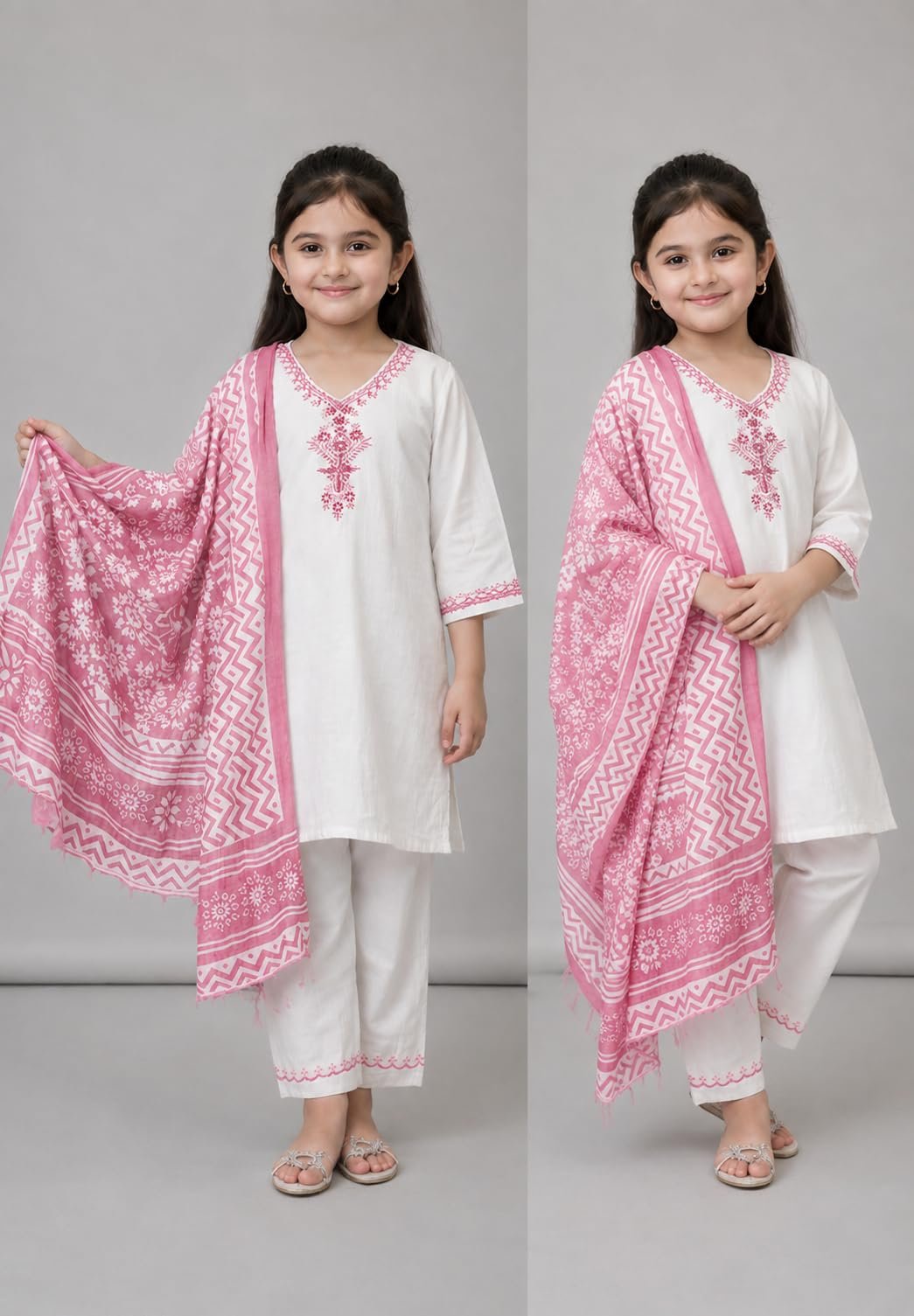 Girls Khadi Cotton Embroidered Work 3-Piece Salwar Suit Set With Floral Printed Dupatta Traditional Ethnic Outfit for Festive Functions (IN, Age, 9 Years, 10 Years, Regular, Baby Girls, Pink) - Image 3