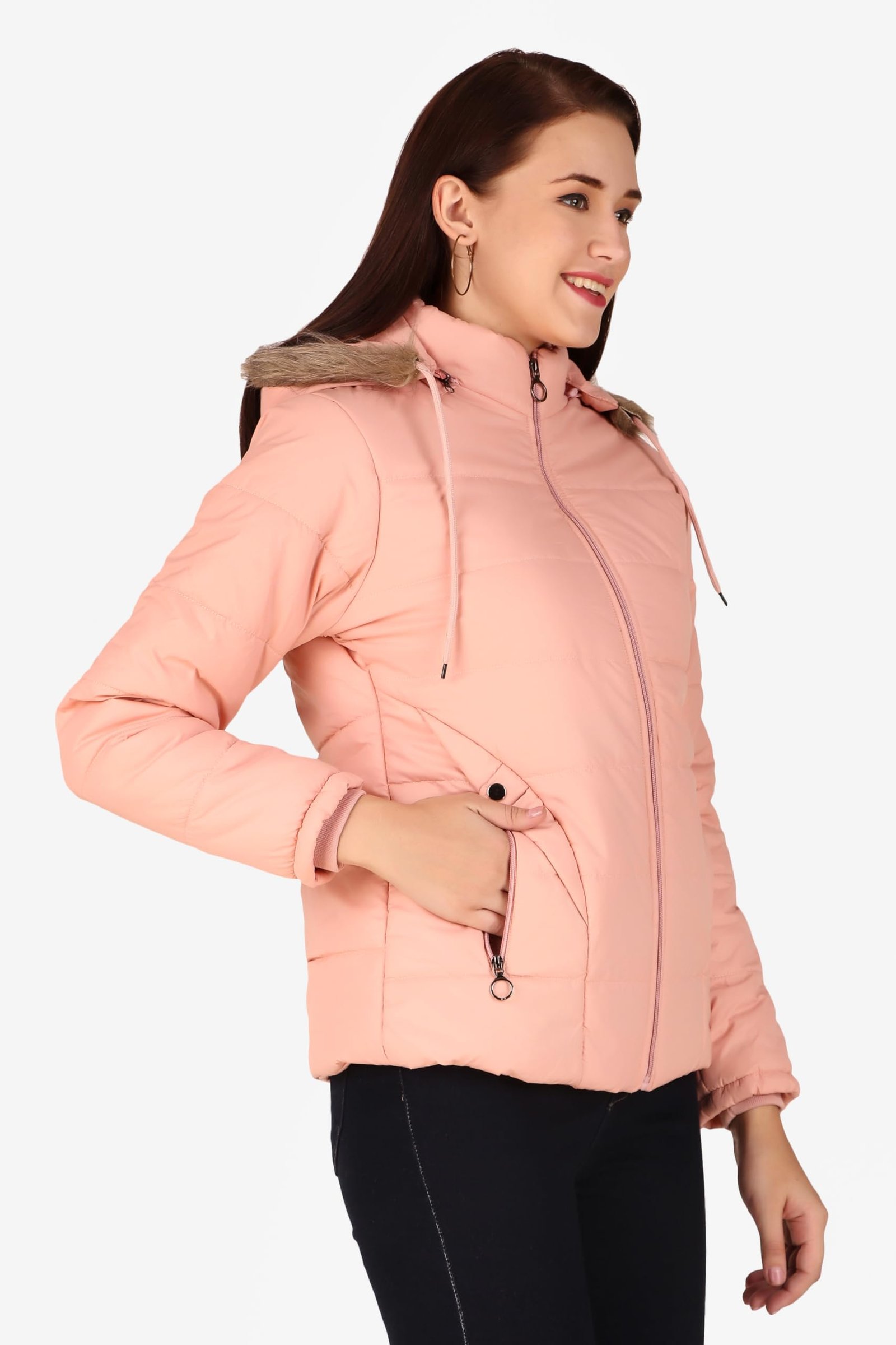 Fashionable Jacket For Girls Jacket For Womenโs Latest Solid Color Stylish Long Jacket/Women's Quilted Jacket Full Sleeves Winter Jacket Girls Winter Wear Jacket (Peach) - Image 3