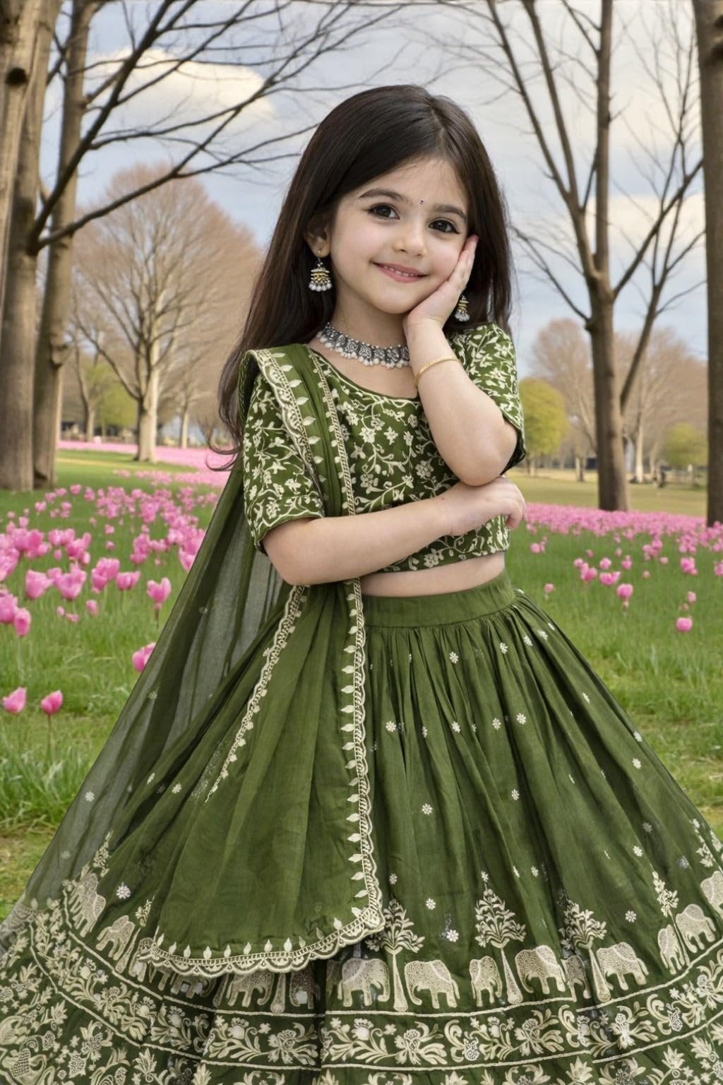 Kids Chiffon Lehenga Choli, Traditional Ethnic Wear for Girls (GREEN, 10-11 Y) - Image 4