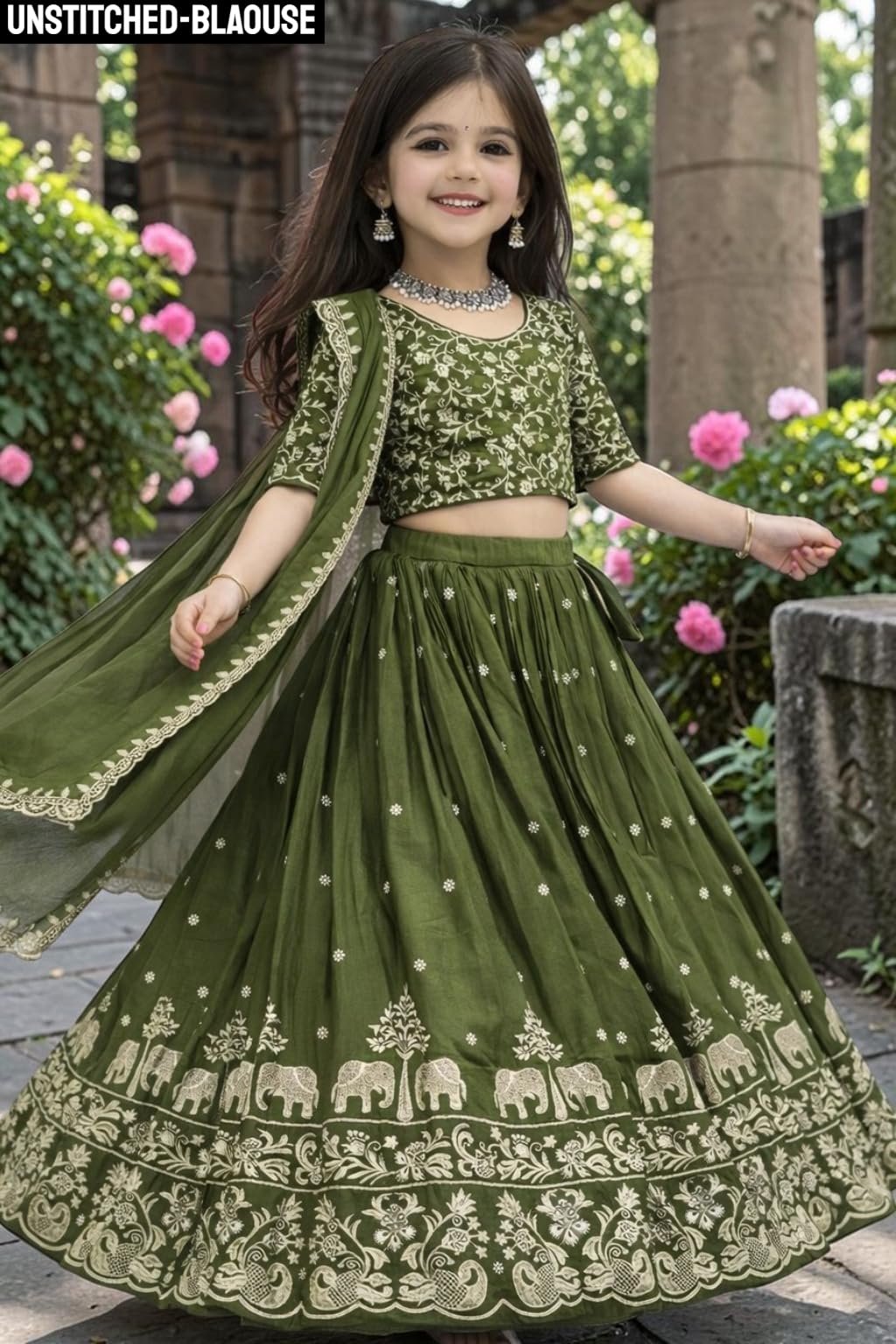 Kids Chiffon Lehenga Choli, Traditional Ethnic Wear for Girls (GREEN, 10-11 Y) - Image 3