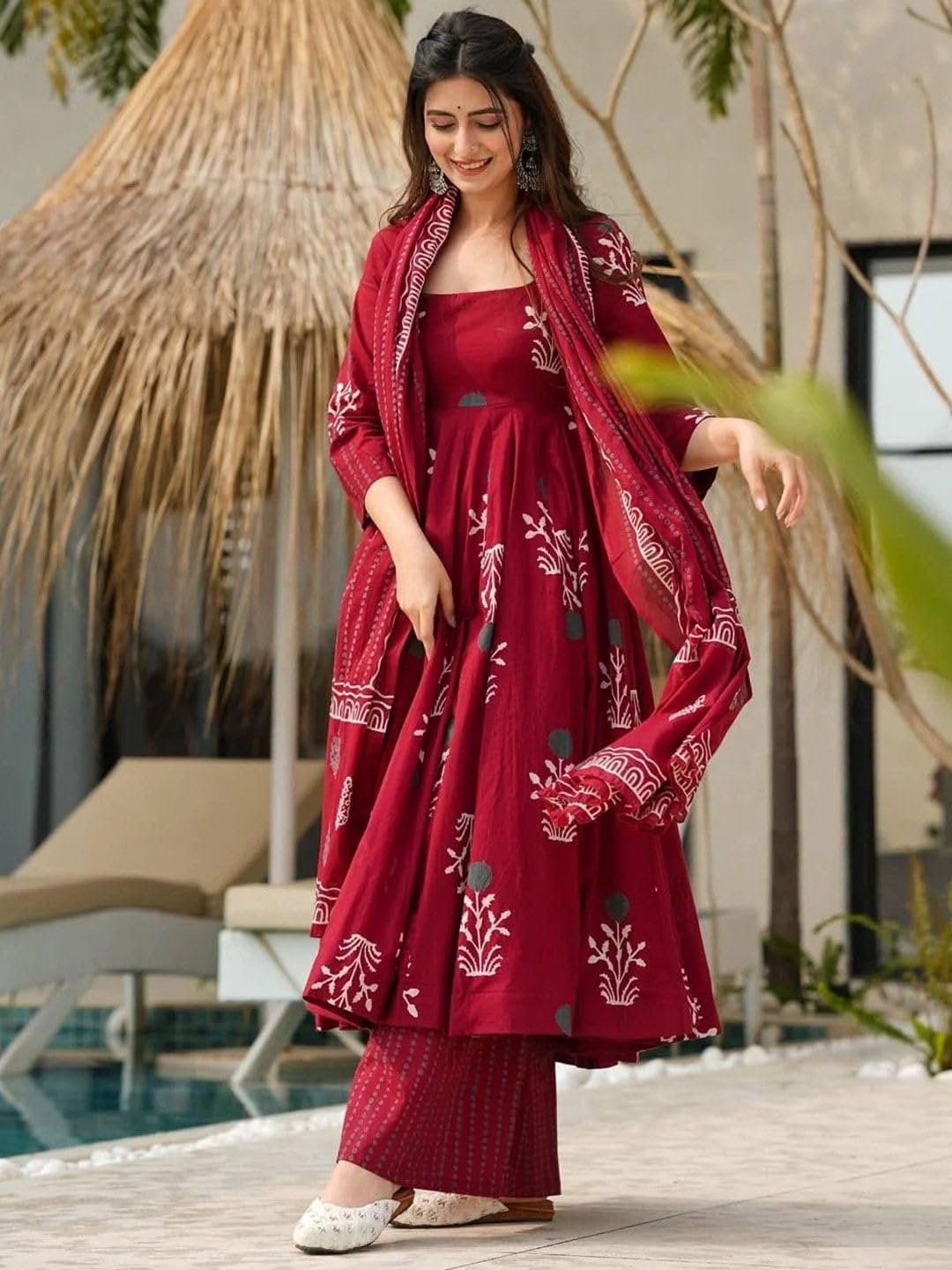 Women’s Fully Stitched Rayon Printed Kurti with Pant & Dupatta Set | Flared Anarkali Style Ethnic Suit | Comfortable for Festive & Office Outfit (IN, Alpha, Maroon) - Image 2