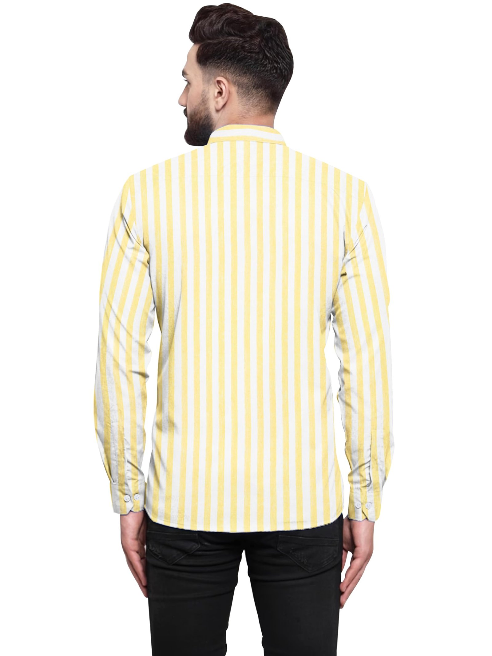 Men's Slim Fit Striped Spread Collar Casual Cotton Blend Shirt (XX-Large, Yellow) - Image 2