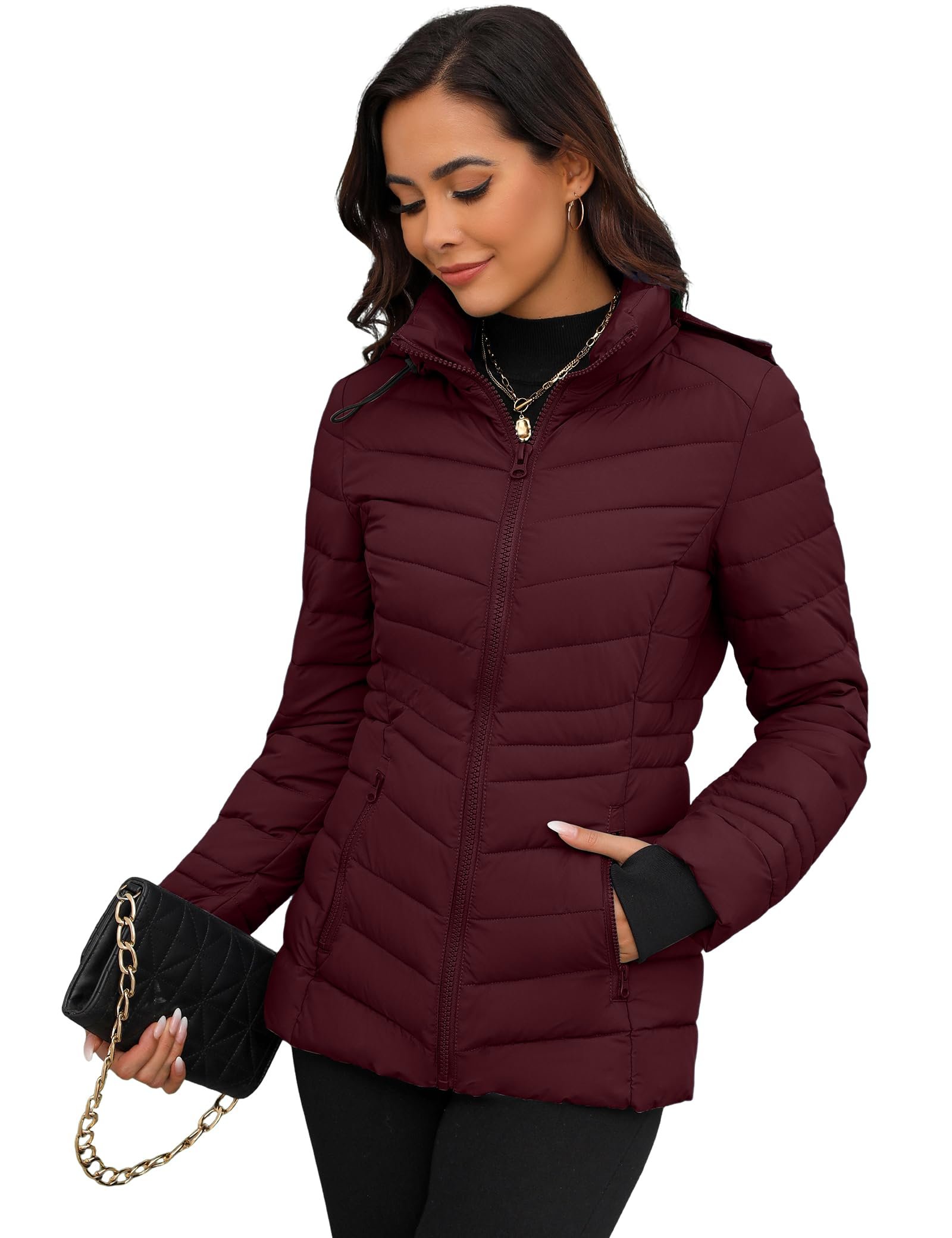 Womens Packable Lightweight Puffer Jacket, Wine, Small - Image 2