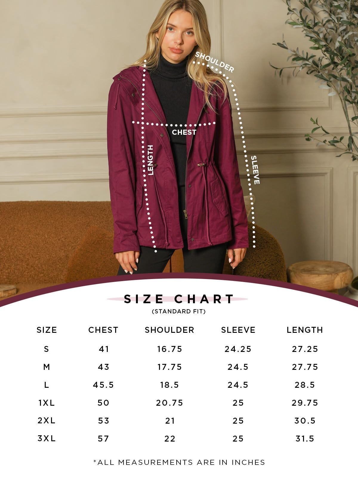 Womens Utility Anorak Jacket Lightweight Hooded Zip Up Safari Style Coat with Snap Buttons Chest and Hand Pockets, Wine, Large - Image 7