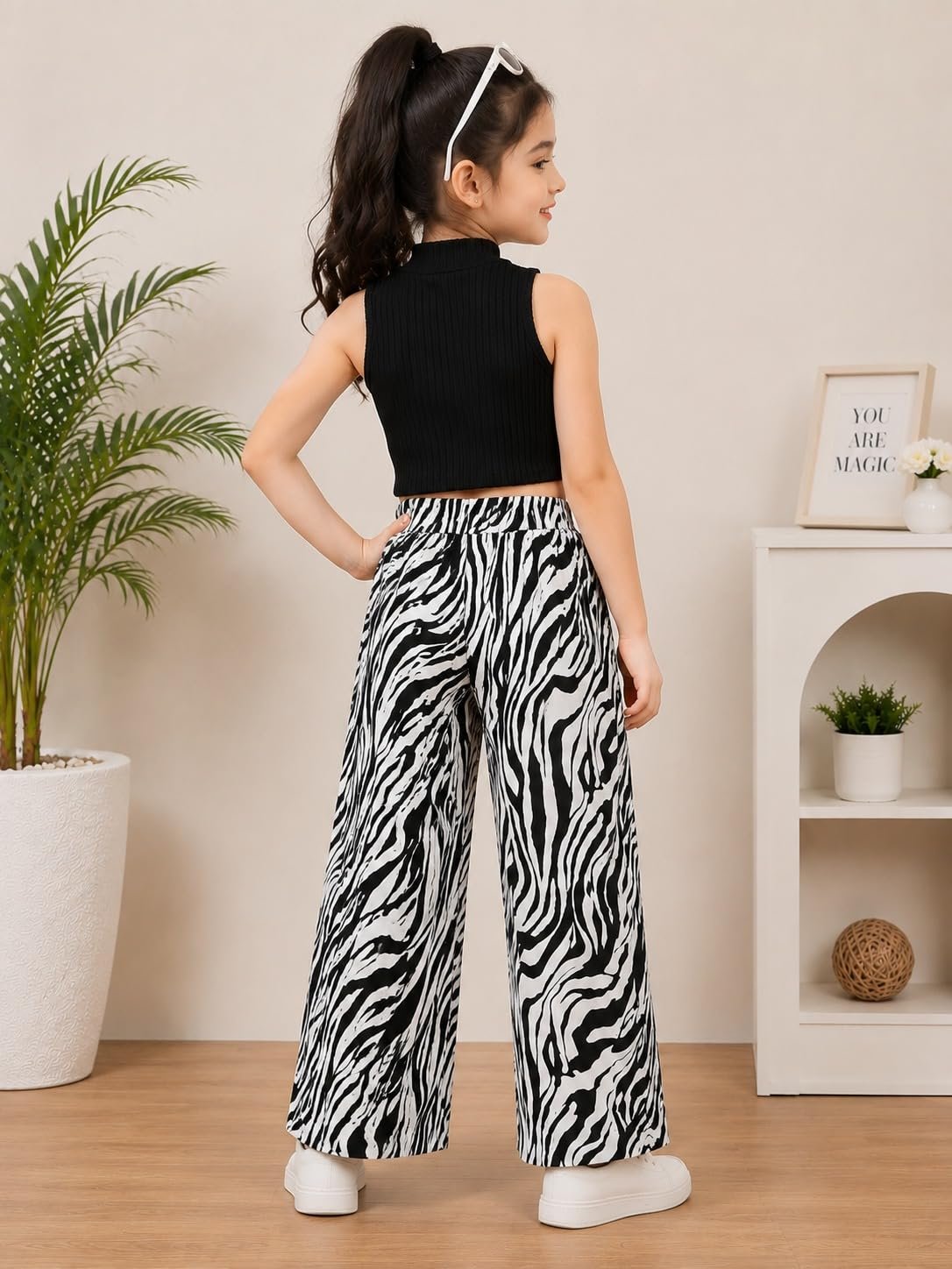 Girls Black Sleeveless Crop Top with Zebra Print Wide Leg Palazzo Pants | Stylish Casual Wear Co-Ord Set for Kids (zebra print, 7 YEAR - 8 YEAR) - Image 4