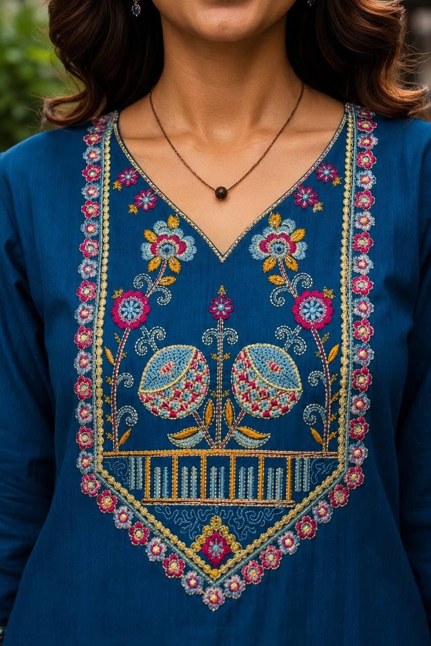 Women's Cotton V-Neck Kurta Set, 3/4 Sleeve Embroidered Festive and Occasion Straight Kurti with Matching Palazzo Pants Blue 3XL - Image 6