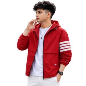 Men's Lightweight Hooded Windcheater Jacket with Full Front Zipper Striped Sleeve Detail Elastic Cuffs and Casual Outdoor Wear Design-KRN Patti Red Upper Jacket