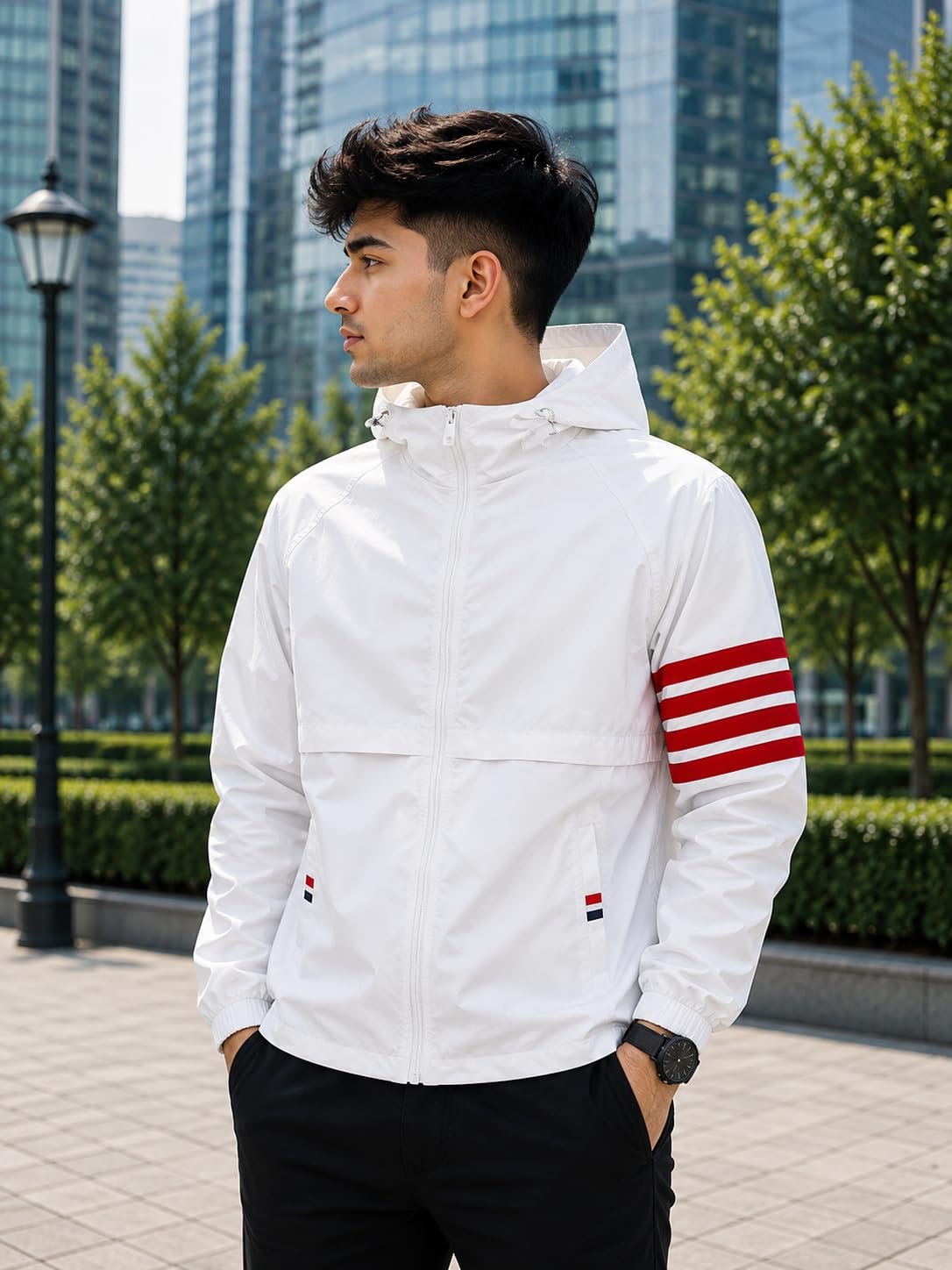 Men's Lightweight Hooded Windcheater Jacket with Full Front Zipper Striped Sleeve Detail Elastic Cuffs and Casual Outdoor Wear Design-KRN Patti White Upper Jacket - Image 2
