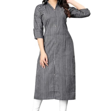 Women Striped Cotton Straight Fit Kurta (Pink) (Medium, Black)