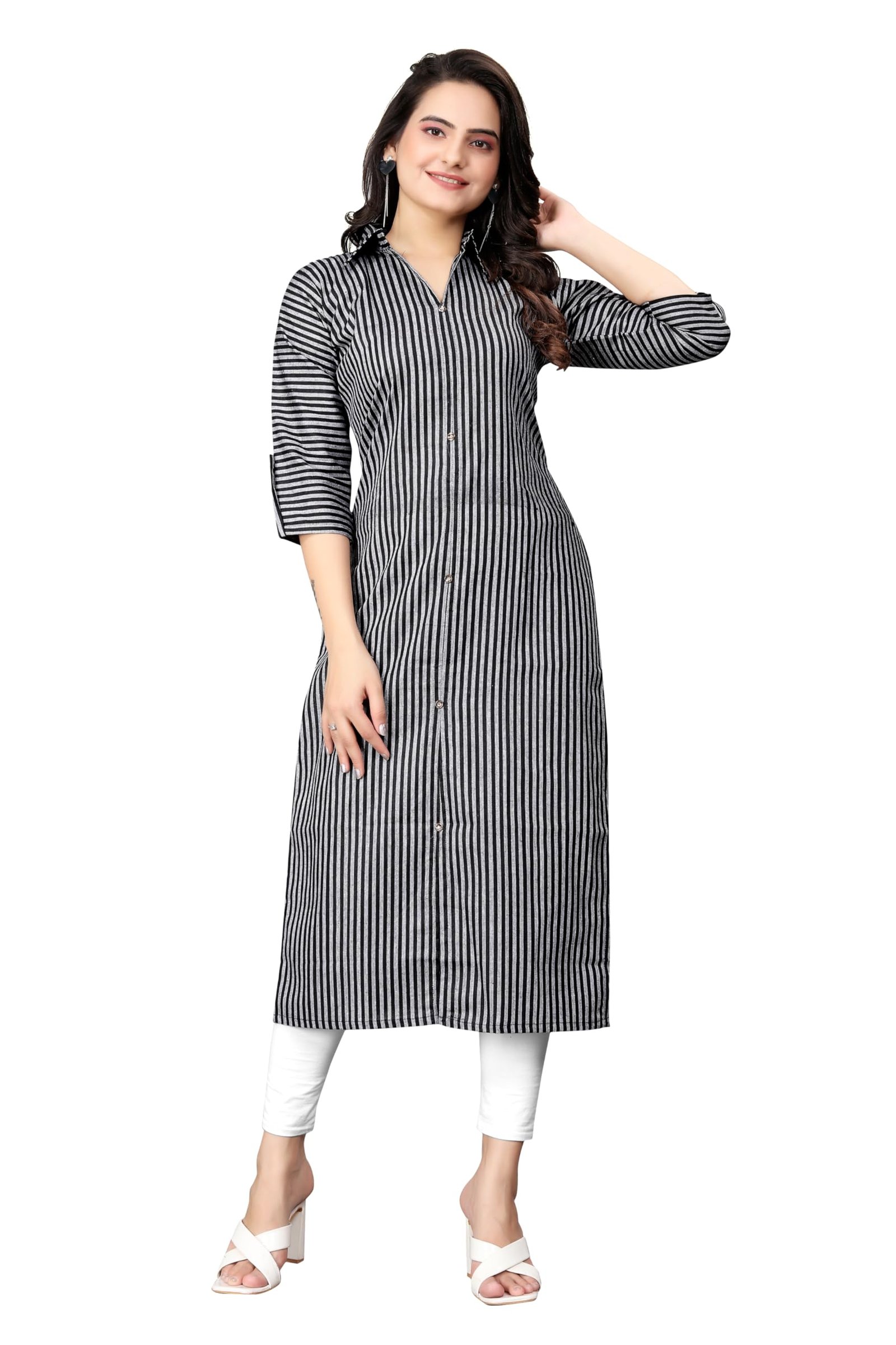Women Striped Cotton Straight Fit Kurta (Pink) (Medium, Black)