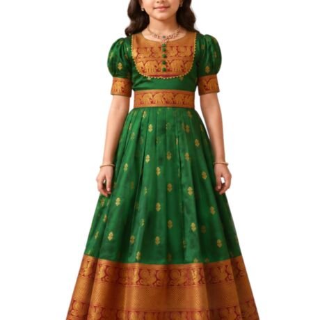 KRUPA Creation Girls Pattu Silk Gown – Traditional Anarkali Dress with Short Puff Sleeves & Woven Elephant Peacock Motif Border | Kids Ethnic Long Frock (in, Age, 5 Years, 6 Years, Regular, Green)