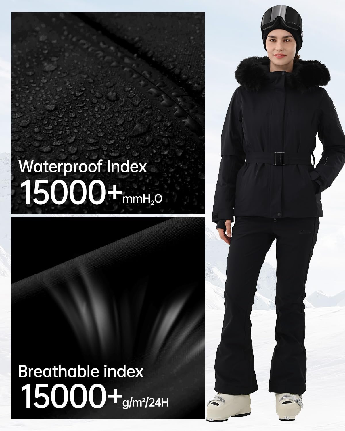 Womens Ski Jacket Fitted Belted Snow Coat with Fur Hood - Image 4