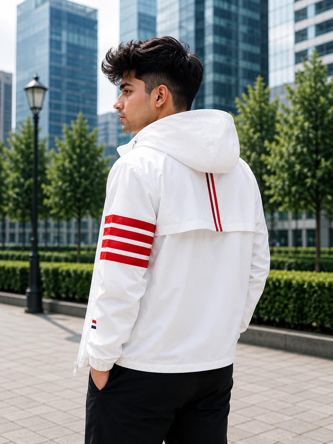 Men's Lightweight Hooded Windcheater Jacket with Full Front Zipper Striped Sleeve Detail Elastic Cuffs and Casual Outdoor Wear Design-KRN Patti White Upper Jacket - Image 4