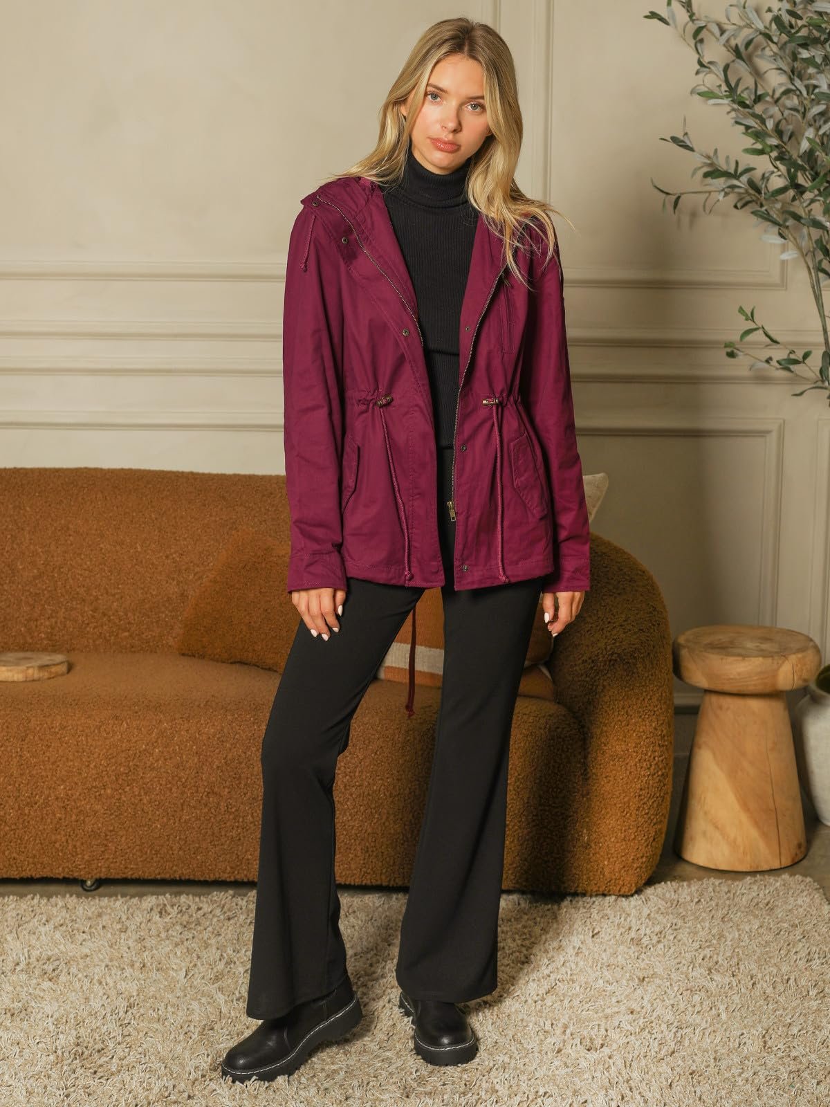 Womens Utility Anorak Jacket Lightweight Hooded Zip Up Safari Style Coat with Snap Buttons Chest and Hand Pockets, Wine, Large - Image 3