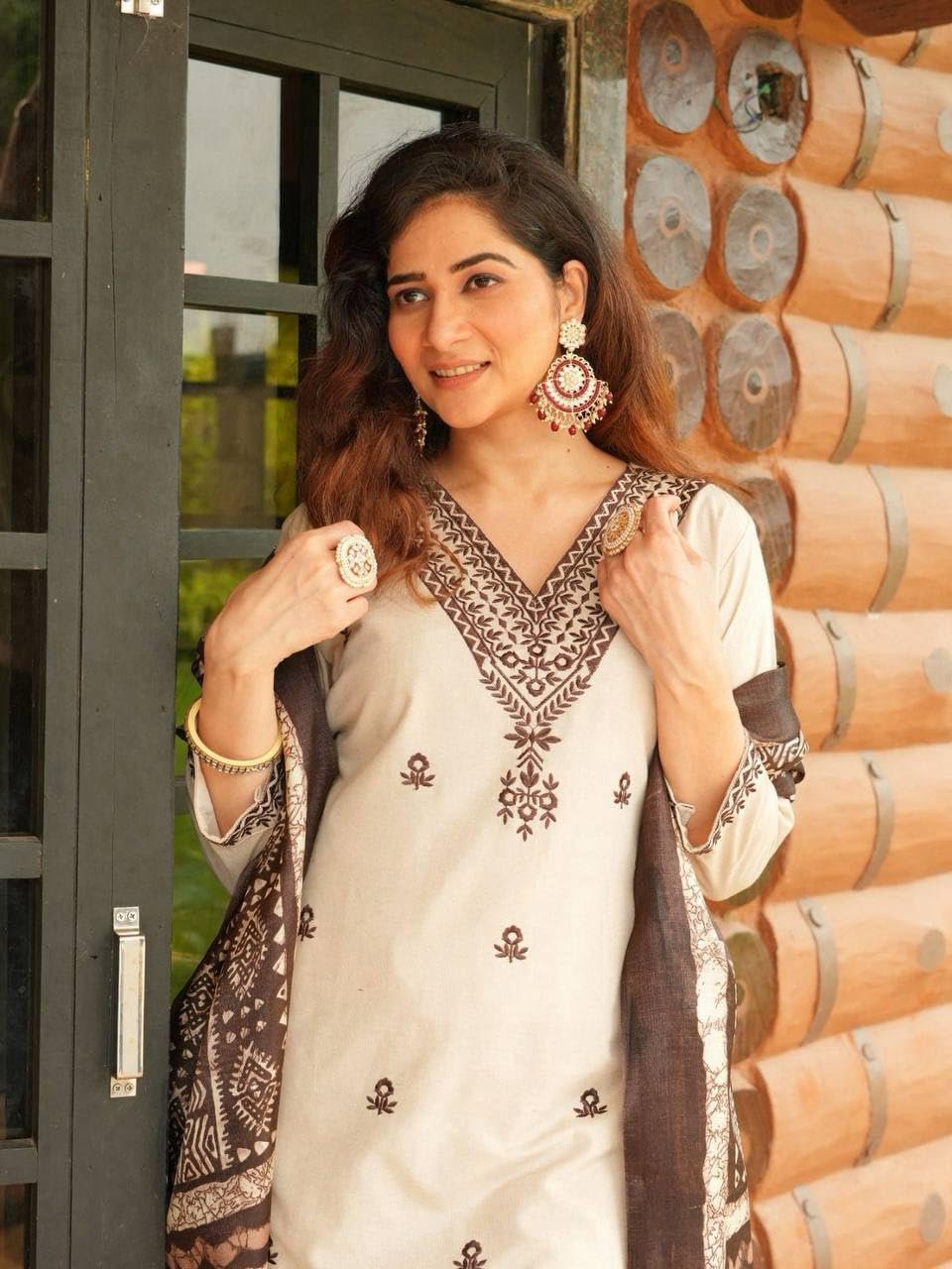 Underline Women’s Printed Kurta Set | Cream & Brown Kurta Pant Dupatta 3 Piece Ethnic Outfit | V Neck 3/4 Sleeve Traditional Indian Wear | Stylish Festive & Casual Dress - Image 2