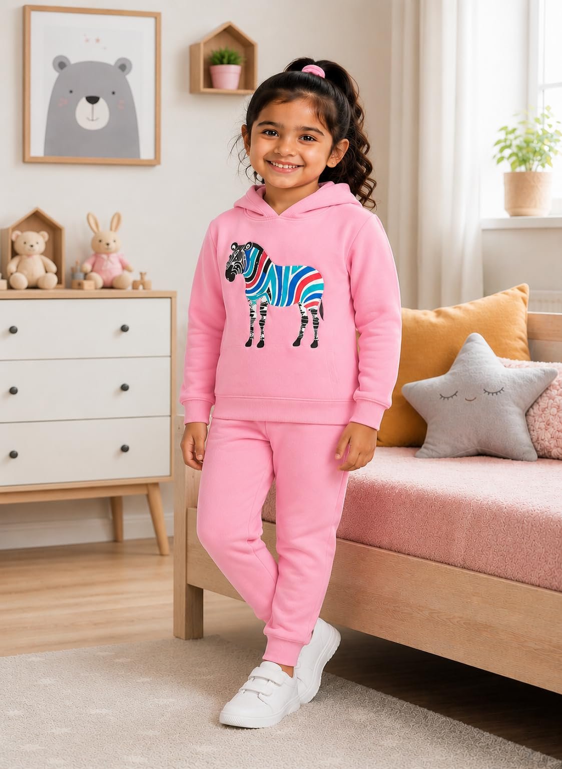 Kids Hoodie Pyjama Set Pink Zebra Embroidery Print Clothing Set. - Image 7