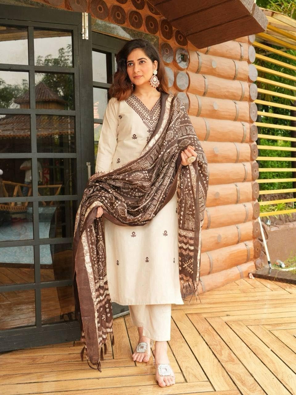 Underline Women’s Printed Kurta Set | Cream & Brown Kurta Pant Dupatta 3 Piece Ethnic Outfit | V Neck 3/4 Sleeve Traditional Indian Wear | Stylish Festive & Casual Dress - Image 5