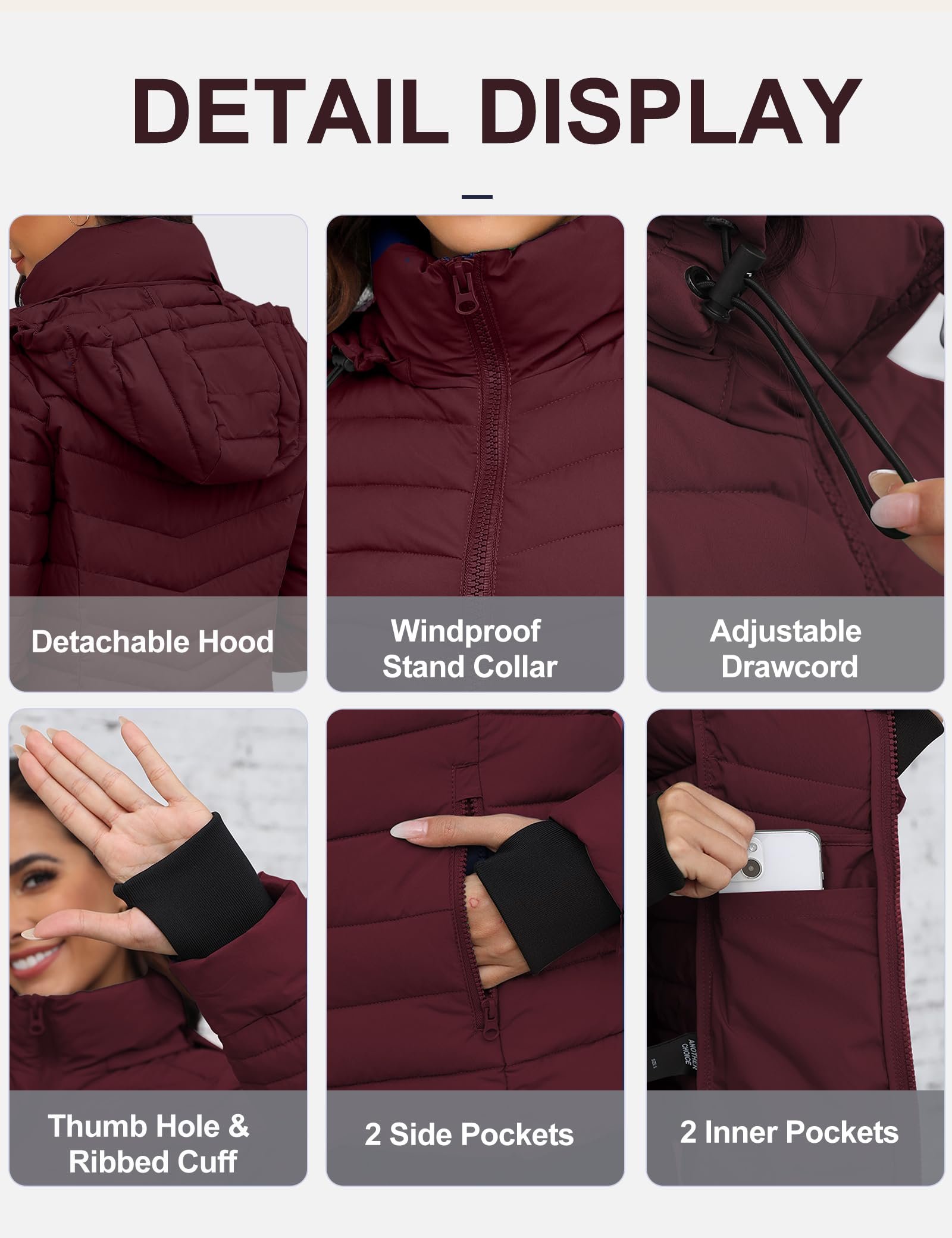 Womens Packable Lightweight Puffer Jacket, Wine, Small - Image 5