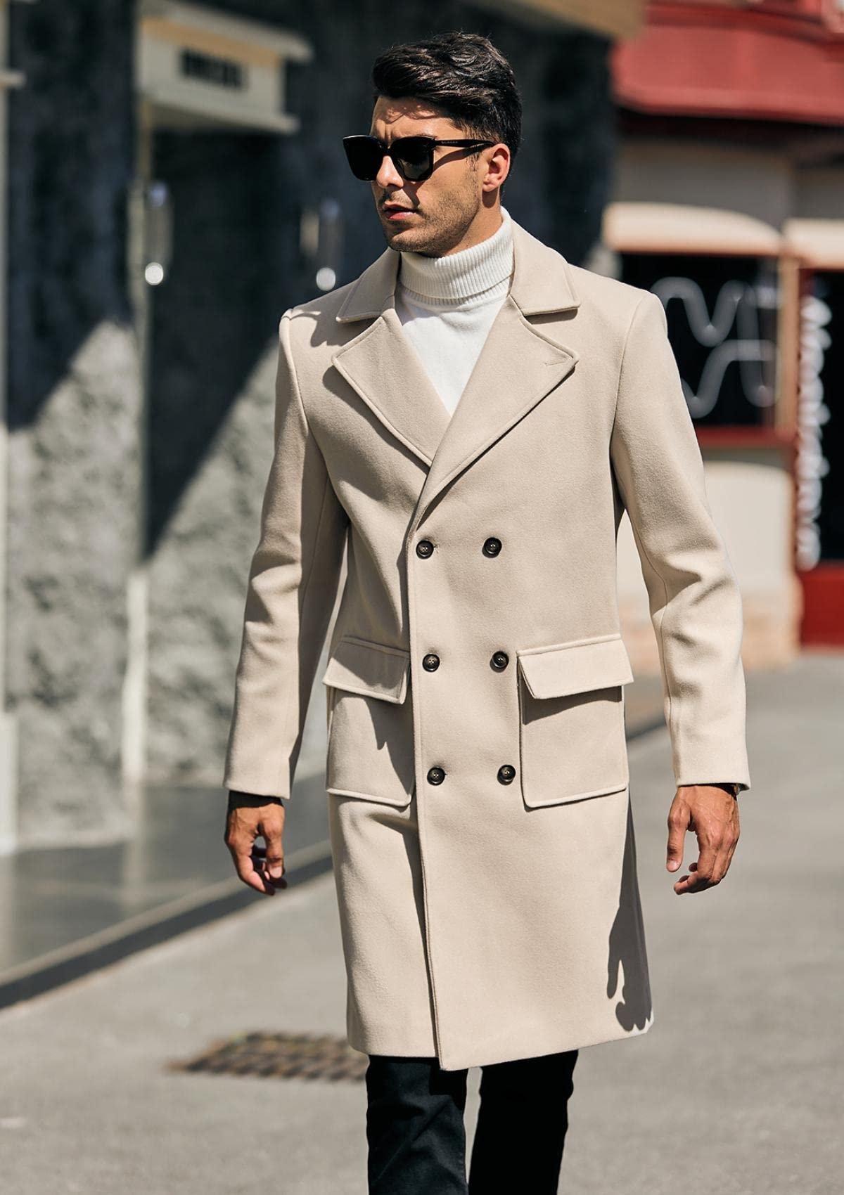 Mens Trench Coat Slim Fit Double Breasted Long Overcoat Winter Pea Coat, Khaki, X-Large - Image 3