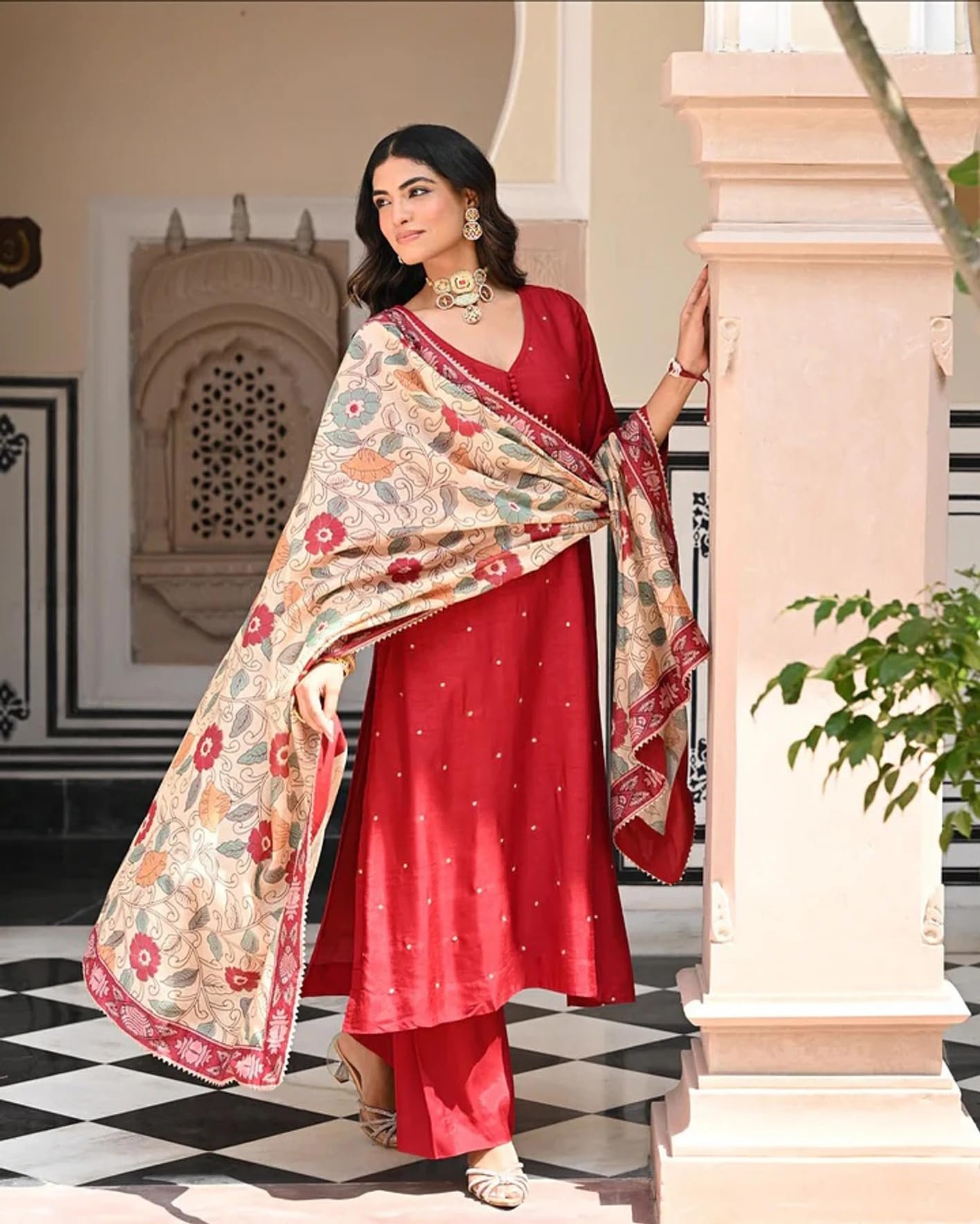 UNDERLINE Women's Kurta Set | Red Floral Printed Kurta Pant Dupatta Set | 3 Piece Ethnic Wear Set for Women | Red | 3XL - Image 3