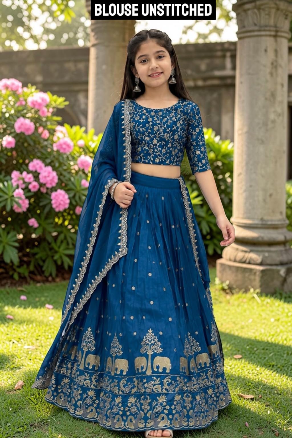 Kids Lehenga Choli with Gold Print and Dupatta (RAMA, 10-11 Y)