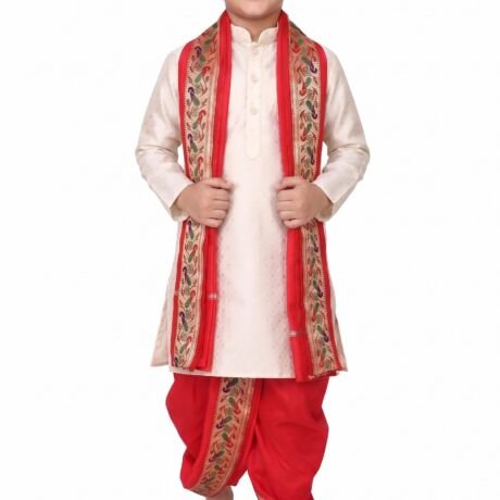 Boys Dhoti Kurta Set Sherwani Style for Kids | Ethnic Traditional Kids Wear with Patiala Dhoti & Dupatta | Wedding Dress for Boys | Indian Cultural Outfit for Puja Festival Party (RED, 36)