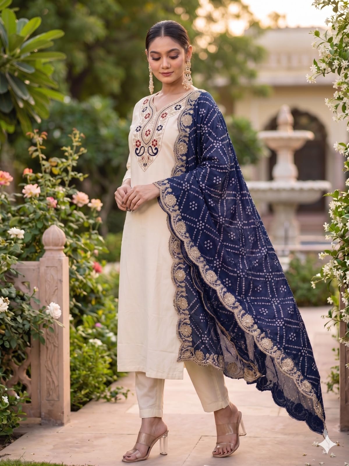 Ethnic Kurta Set with Heavy Bandhani Embroidered Dupatta Festive & Occasion Ensemble for Women Cream S - Image 2