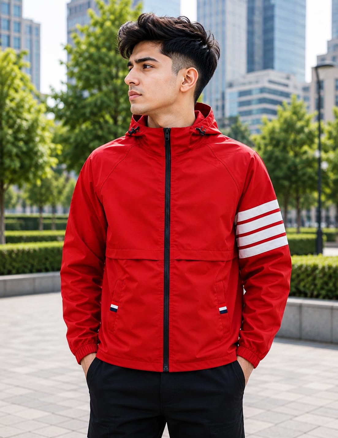 Men's Lightweight Hooded Windcheater Jacket with Full Front Zipper Striped Sleeve Detail Elastic Cuffs and Casual Outdoor Wear Design-KRN Patti Red Upper Jacket - Image 3