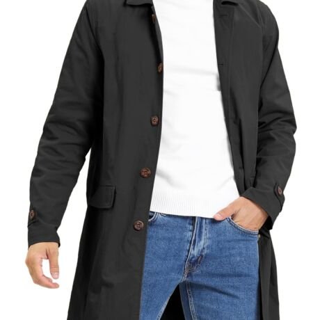 Mens Trench Coat Slim Fit Single Breasted Casual Long Jacket Lightweight Lapel Fall Windbreaker Overcoat, Black, X-Large
