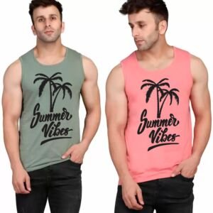 Men's Summer Vibes Printed Sleeveless Vest, Pack of 2 Grey Pink