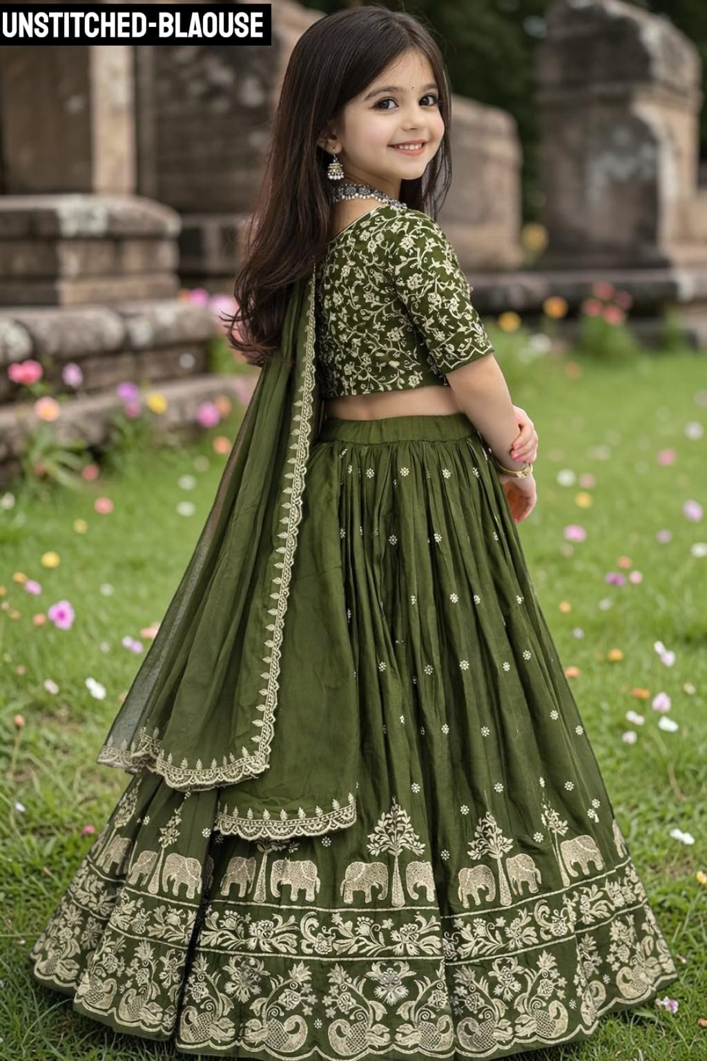 Kids Chiffon Lehenga Choli, Traditional Ethnic Wear for Girls (GREEN, 10-11 Y) - Image 2