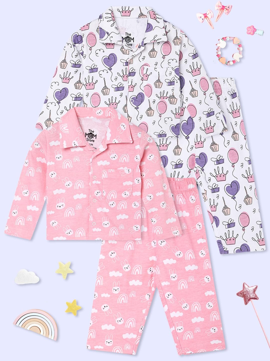 Cotton Night Suit for Kids Boys and Girls | Breathable Night Dress for Kids Boys and Girls | Printed Pajama Set | All-Season Daily Use Sleepwear | Party, Bunny | 4-5Y | Pack of 2 - Image 8