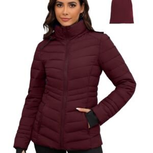 Womens Packable Lightweight Puffer Jacket, Wine, Small