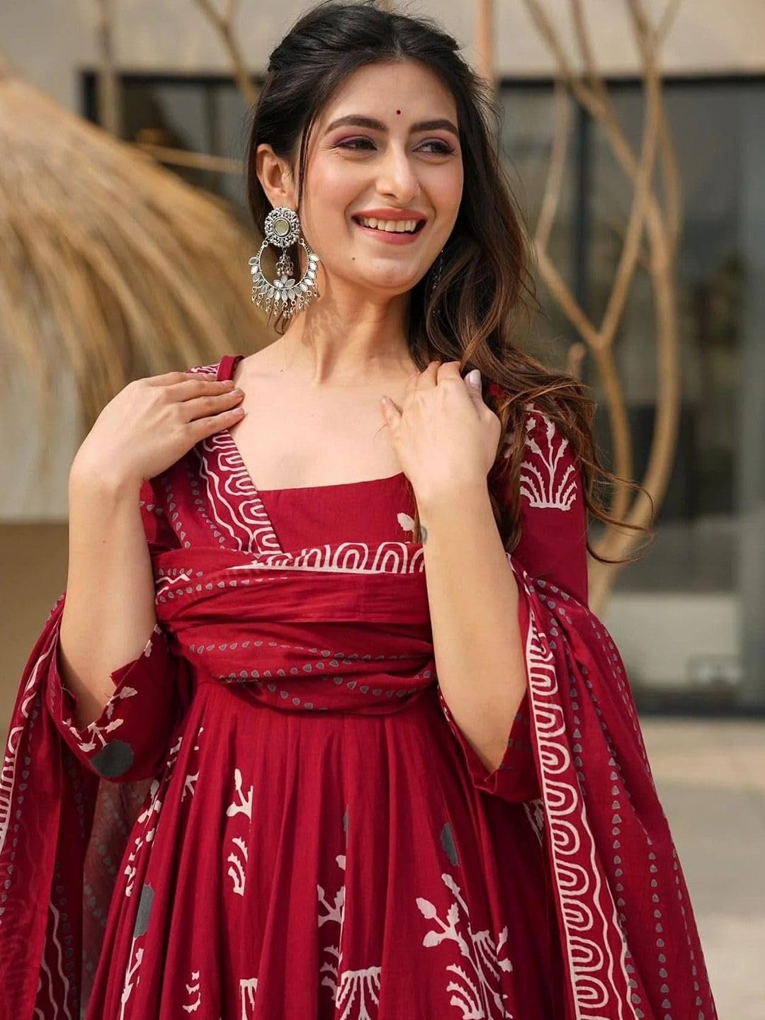 Women’s Fully Stitched Rayon Printed Kurti with Pant & Dupatta Set | Flared Anarkali Style Ethnic Suit | Comfortable for Festive & Office Outfit (IN, Alpha, Maroon) - Image 3
