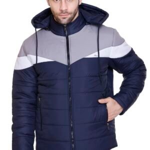 Men's Navy Blue and Grey Hooded Puffer Jacket, Quilted, Zip Front (IN, Alpha, 2XL, Regular, Navy)