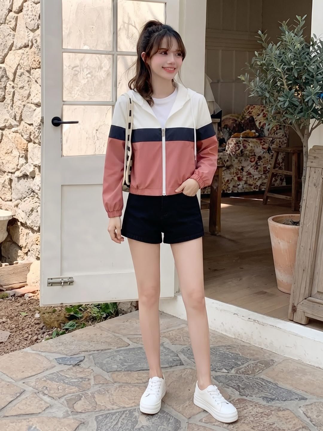 Women’s Color Block Zip-Up Hooded Windbreaker Jacket - Image 4
