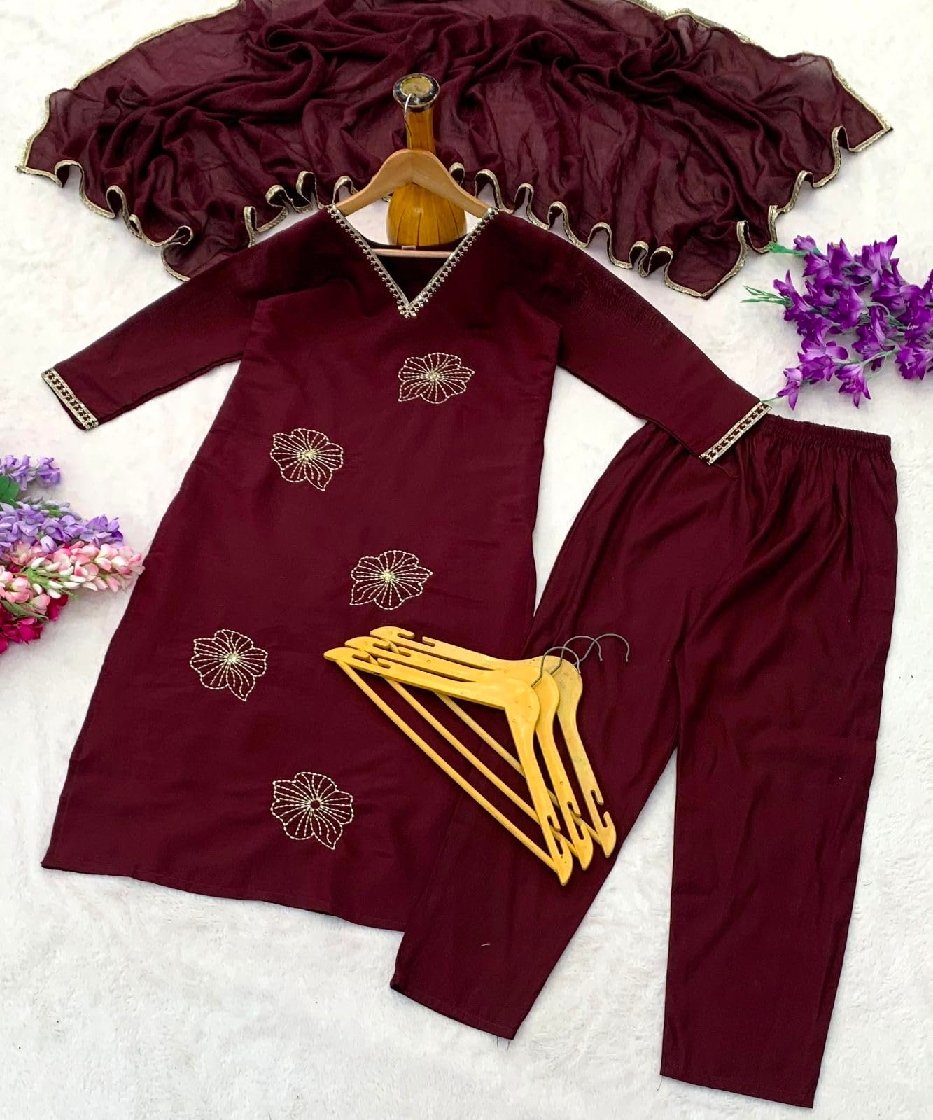 Shree Vastram Creation Women Silk V Neck 3/4 Sleeve Kurti with Pant & Dupatta Set | Elegant Ethnic Wear Kurta Set for Women (IN, Alpha, 3XL, MORNI6-BROWN) - Image 2