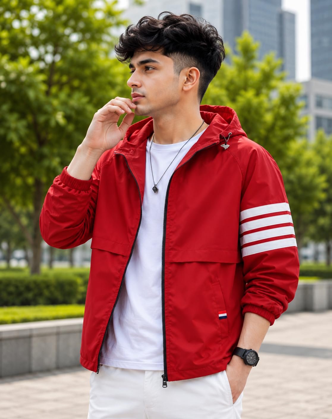Men's Lightweight Hooded Windcheater Jacket with Full Front Zipper Striped Sleeve Detail Elastic Cuffs and Casual Outdoor Wear Design-KRN Patti Red Upper Jacket - Image 2