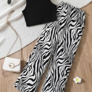 Girls Black Sleeveless Crop Top with Zebra Print Wide Leg Palazzo Pants | Stylish Casual Wear Co-Ord Set for Kids (zebra print, 7 YEAR - 8 YEAR)