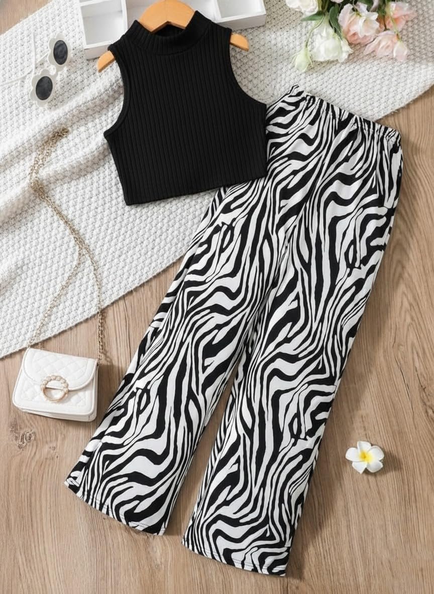 Girls Black Sleeveless Crop Top with Zebra Print Wide Leg Palazzo Pants | Stylish Casual Wear Co-Ord Set for Kids (zebra print, 7 YEAR - 8 YEAR)