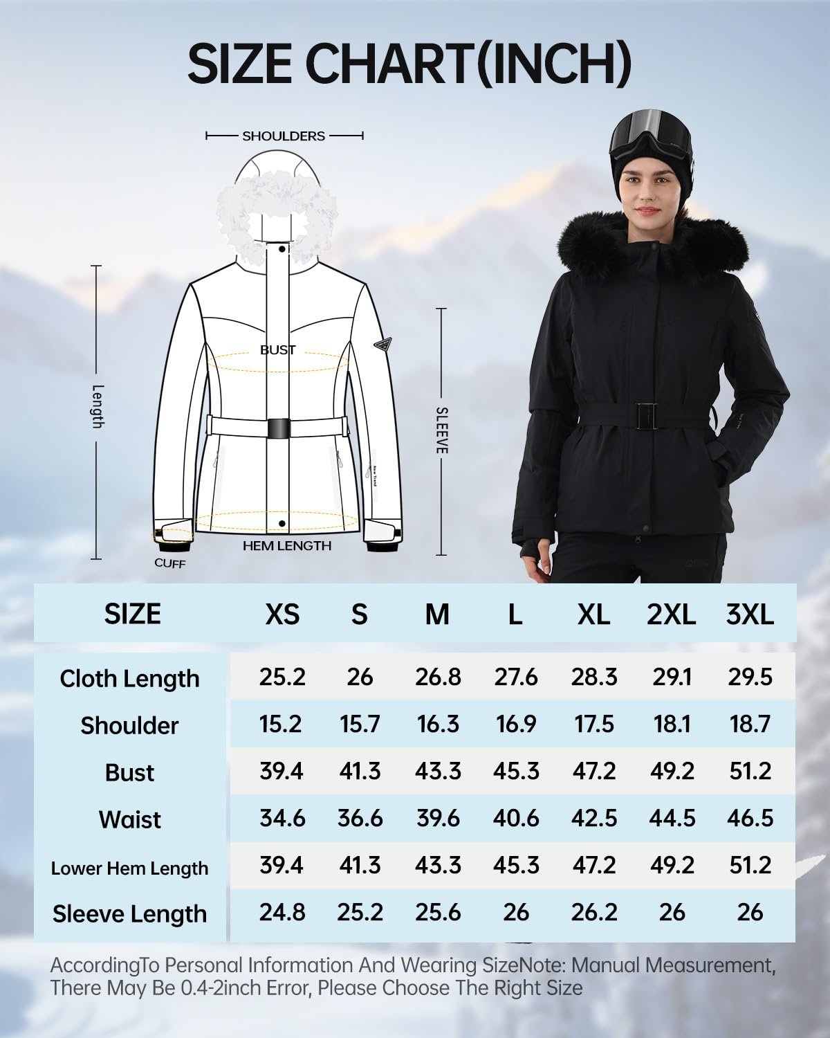 Womens Ski Jacket Fitted Belted Snow Coat with Fur Hood - Image 6